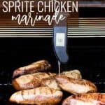 Pin for pinterest with image of chicken on a grill and text on top.