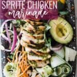 Pin for pinterest with image of grilled chicken on a salad and text on top.