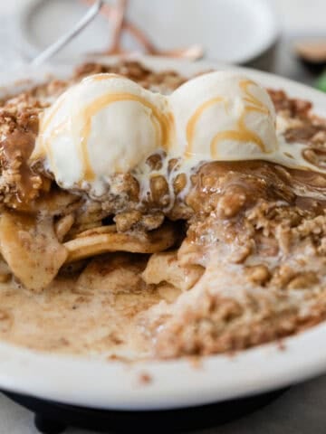 Easy apple crisp on a plate.