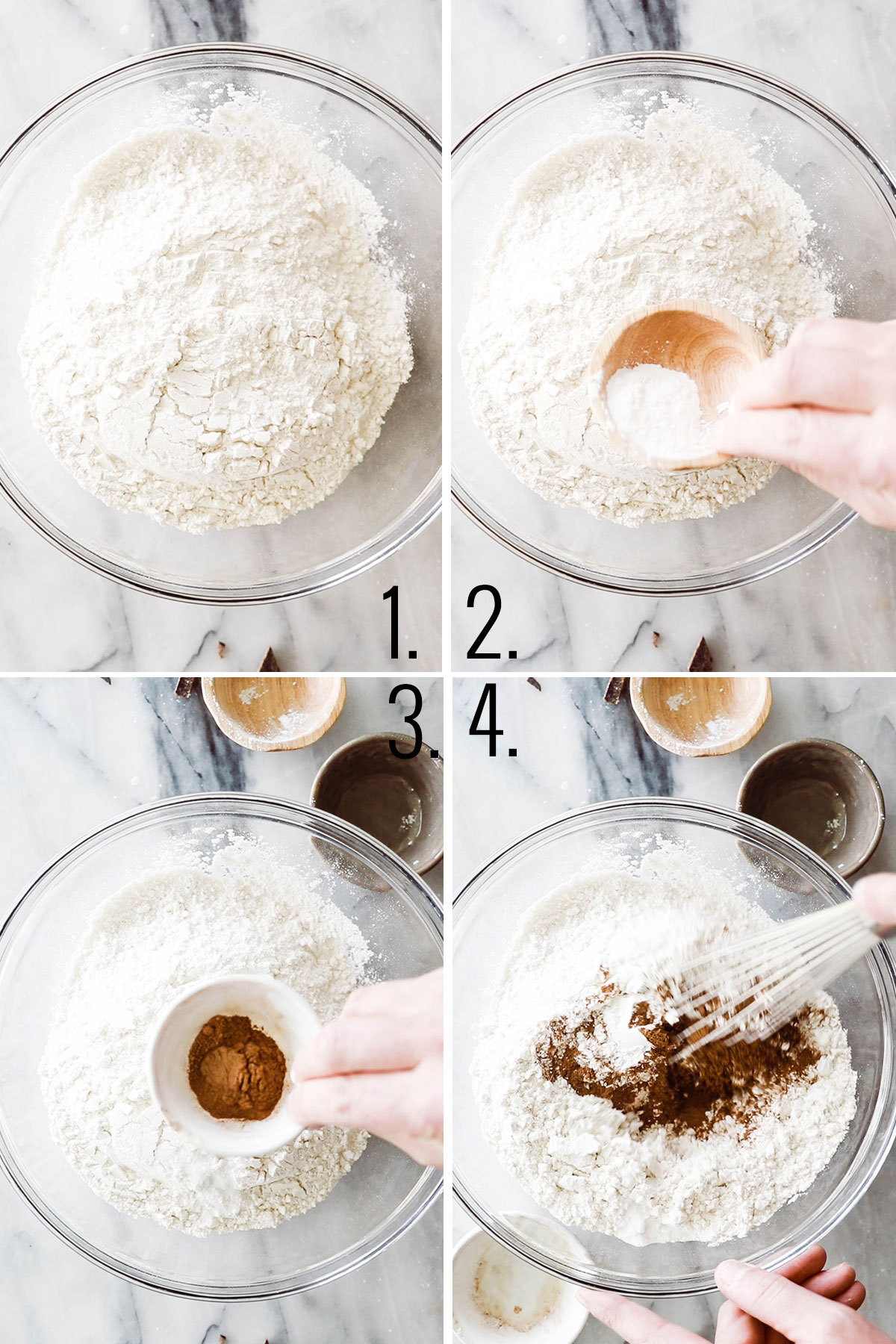 4 photos of mixing together the dry ingredients in a glass bowl