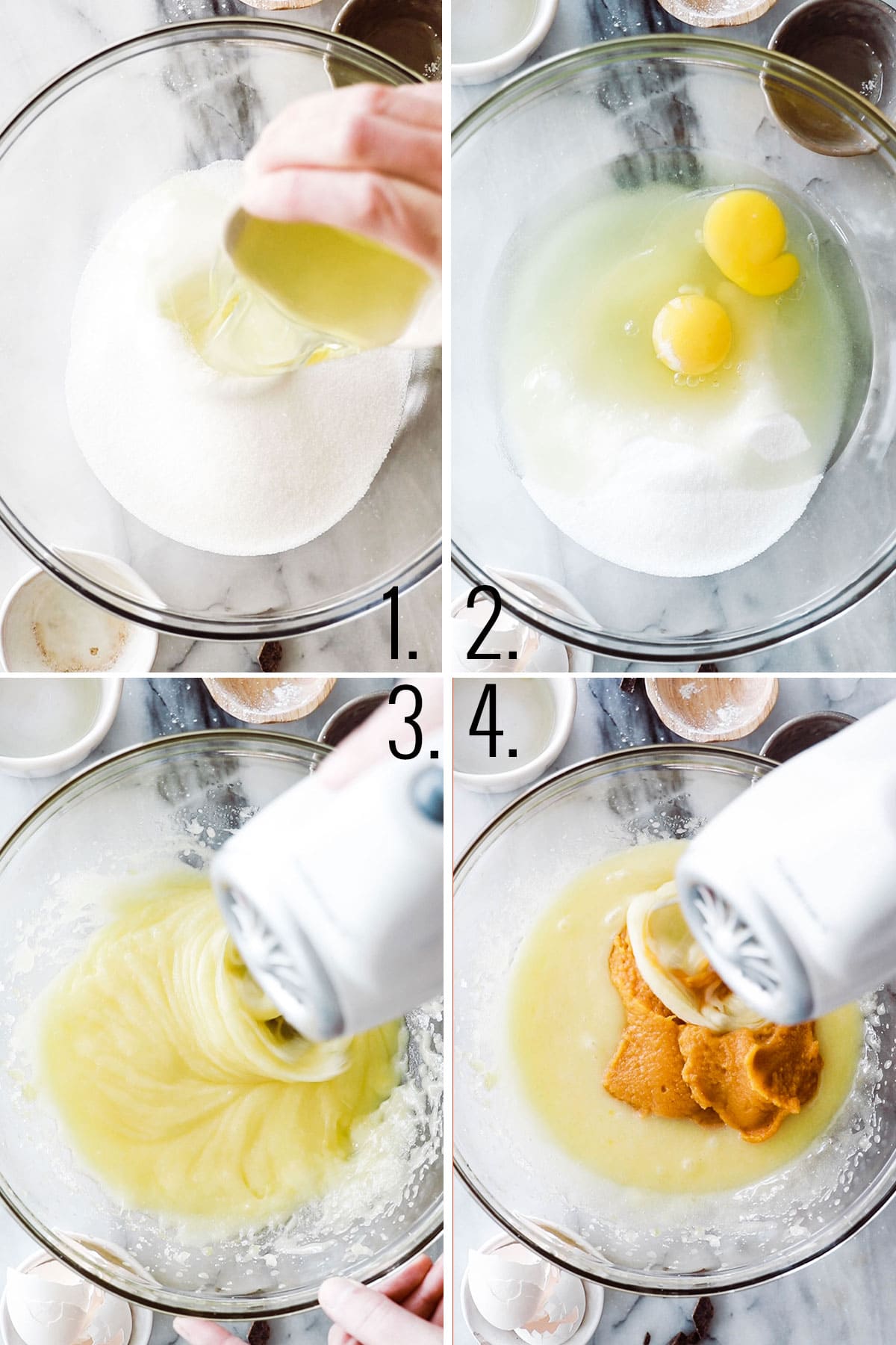 4photos adding ingredients and mixing with a hand beater.