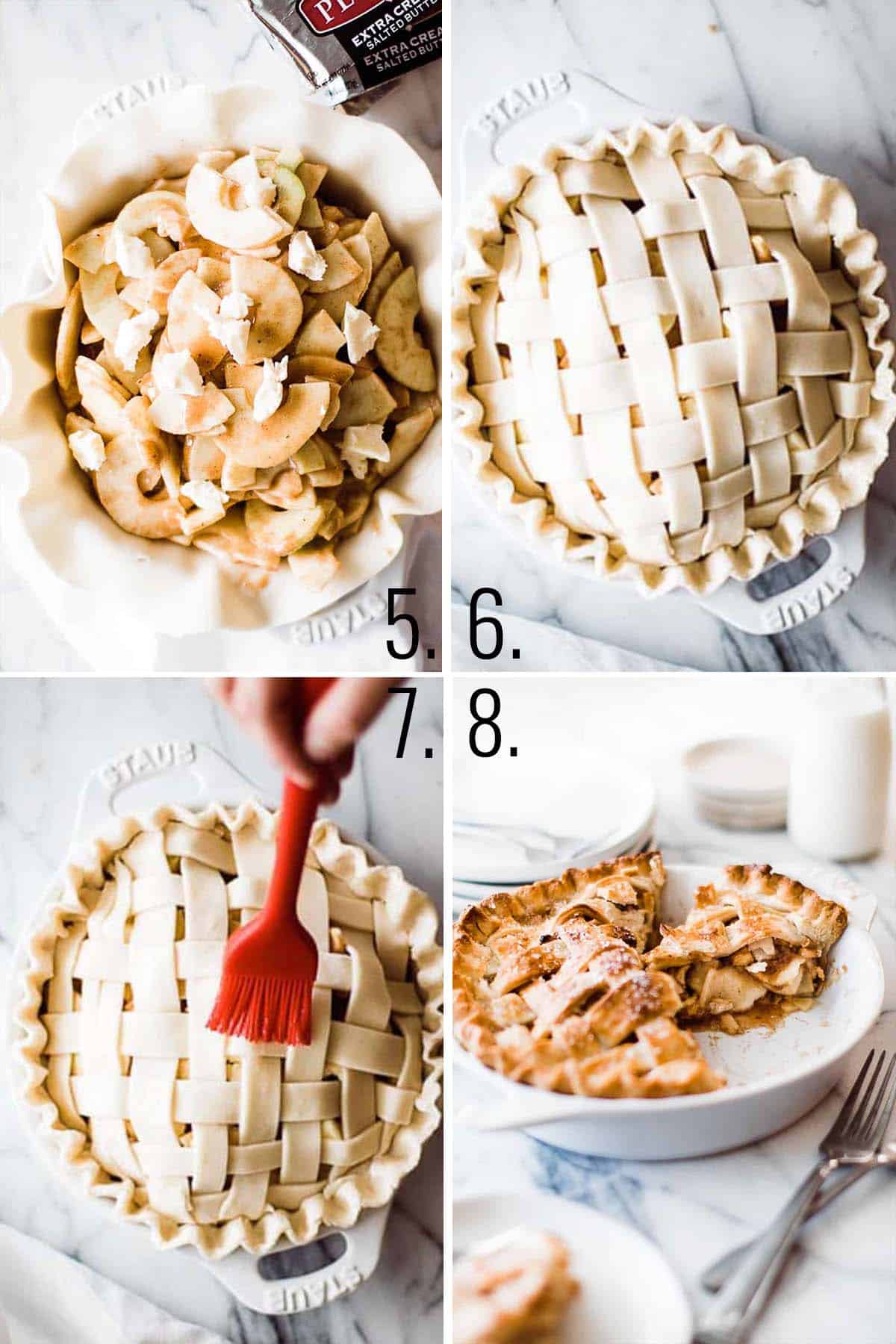 A collage of images showing assembling the apple pie in the pie crust and baking.