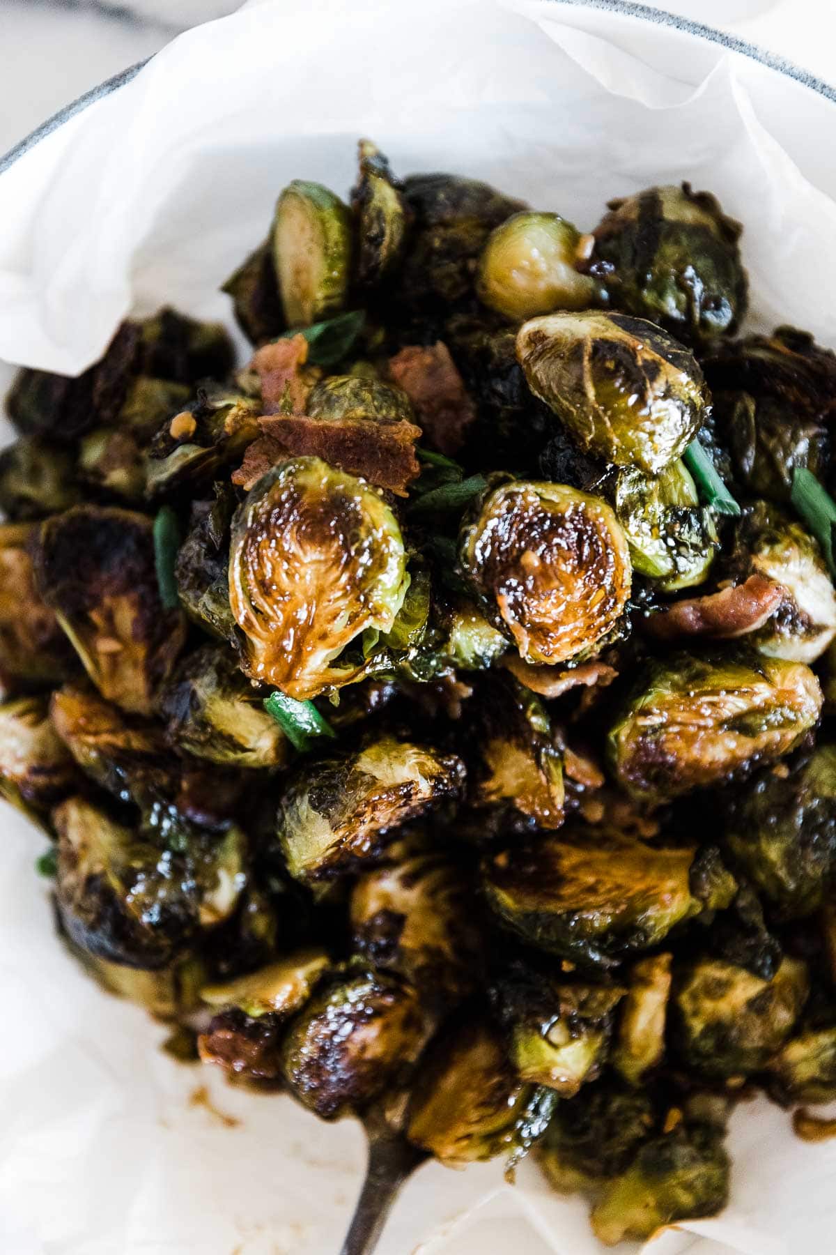 A close up of roasted Brussels sprouts recipe.