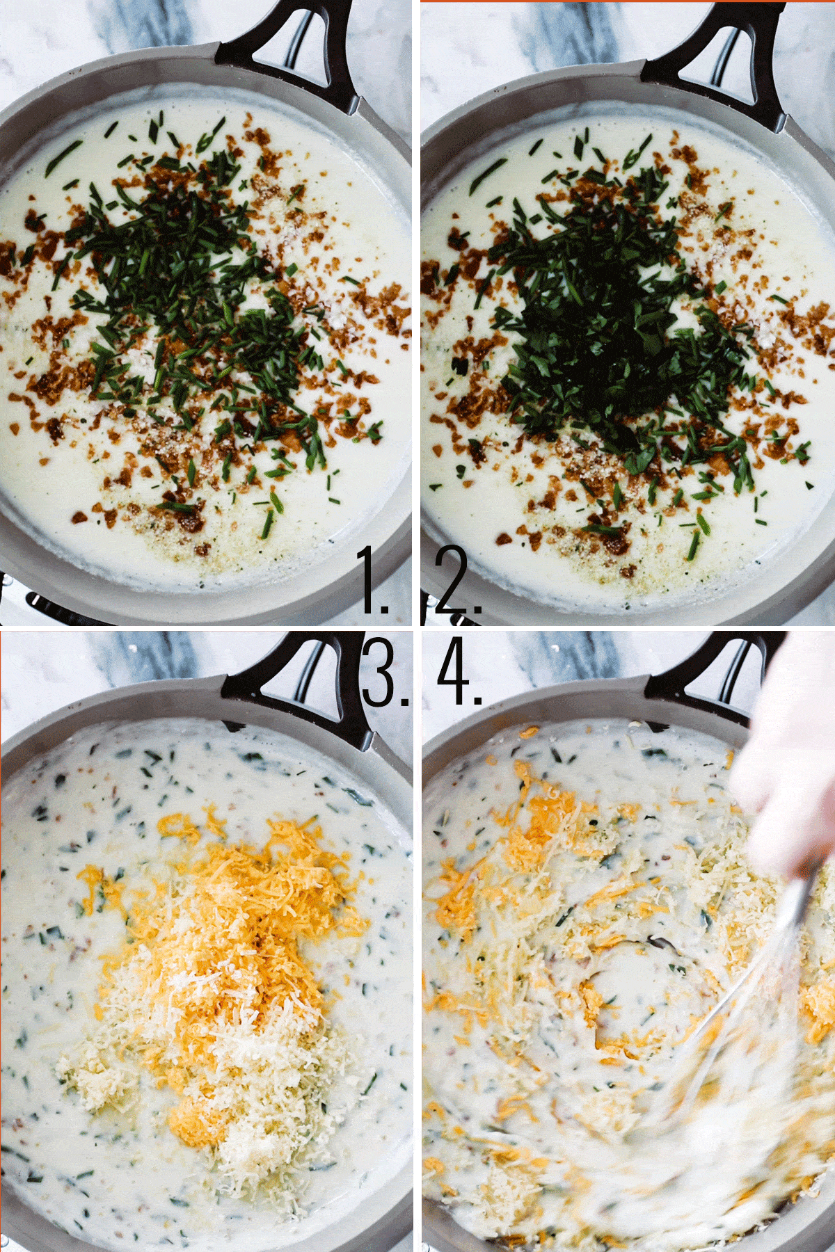 four step by step photos adding herbs and cheese to sauce and stirring. 