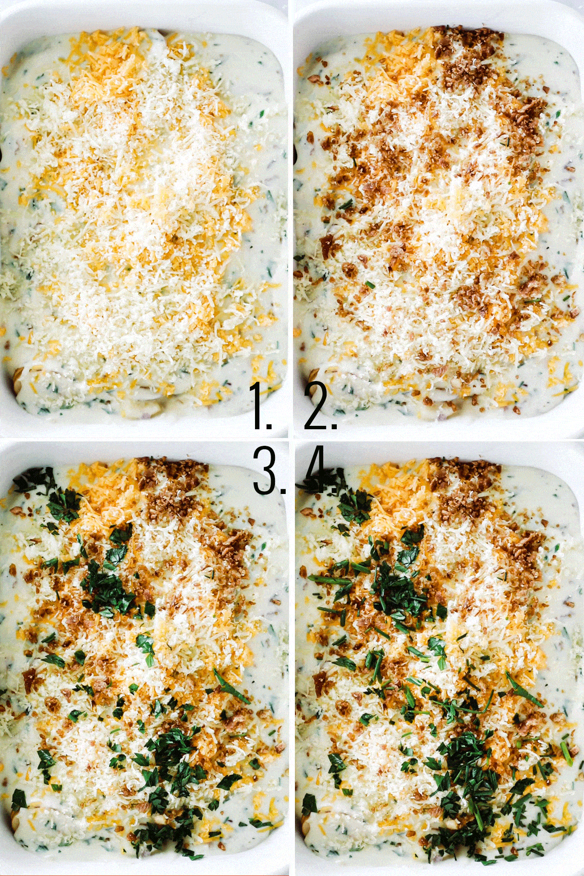 four step by step photos showing adding the toppings one by one to the potatoes covered in sauce. 