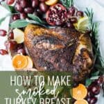 Pin for pinterest graphic with image of smoked turkey and text on top.