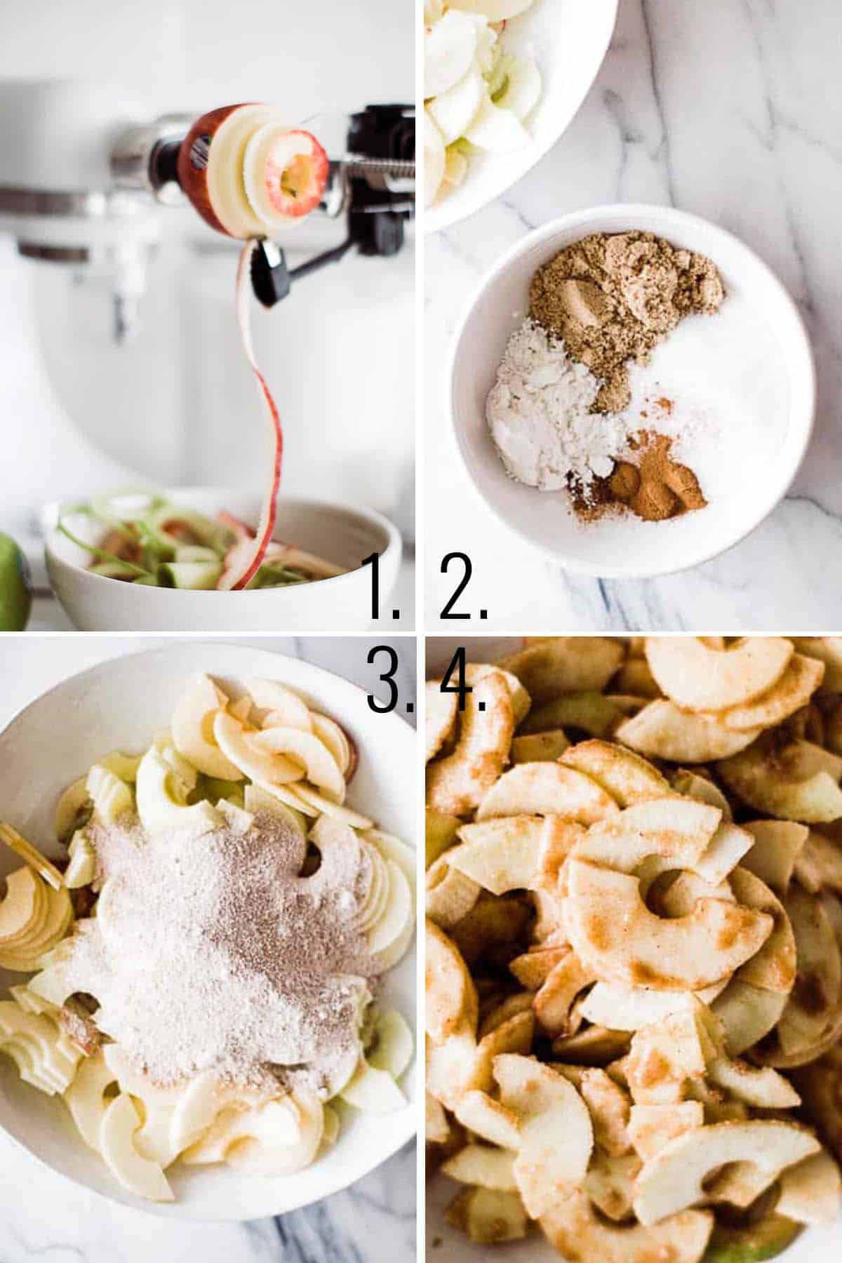 A collage of images showing prepping the apple pie filling for the pie.