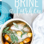 Pin for pinterest graphic with image of brined turkey and text on top.