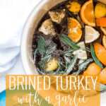 Pin for pinterest graphic with image of brining a turkey and text on top.