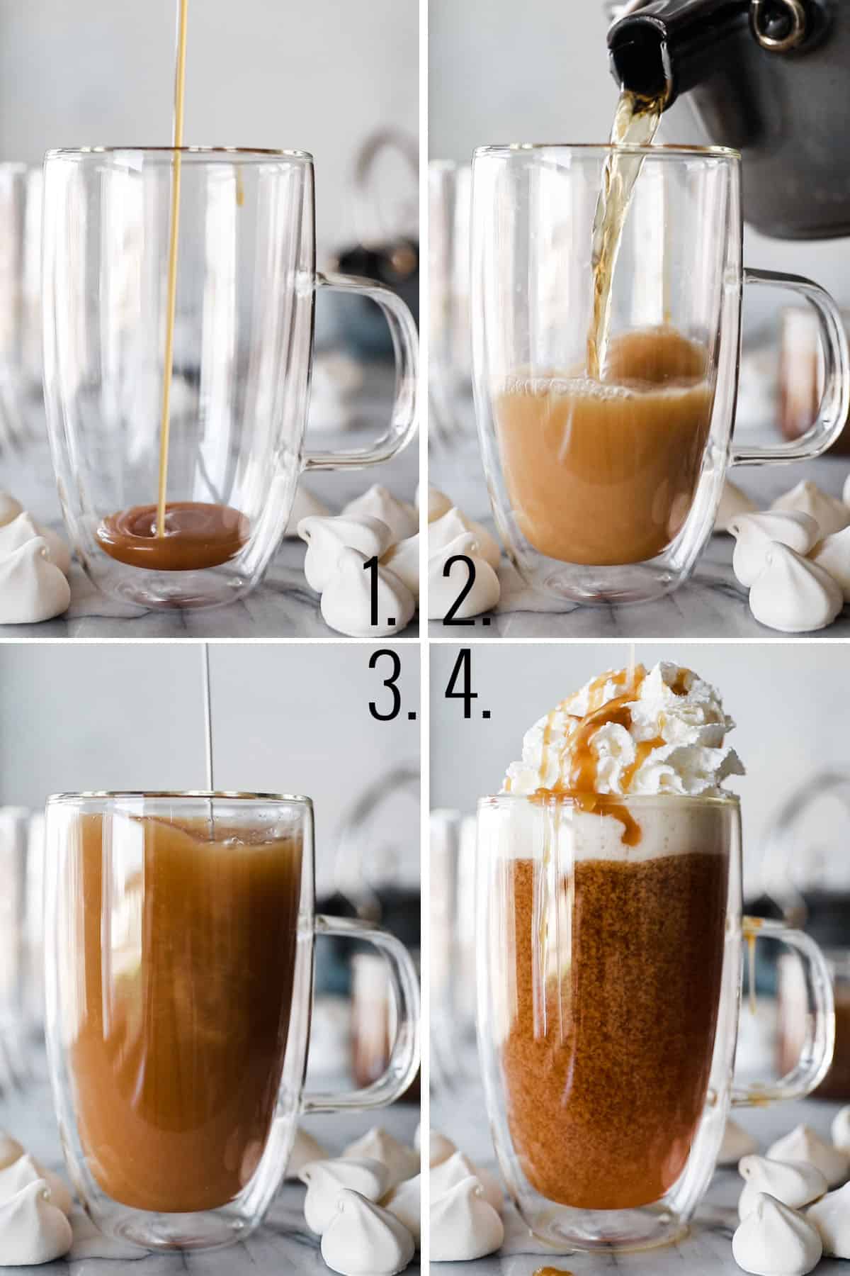 Four photos showing ingredients added to glass mug. 