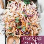 Pin for pinterest graphic with image of homemade coleslaw recipe.