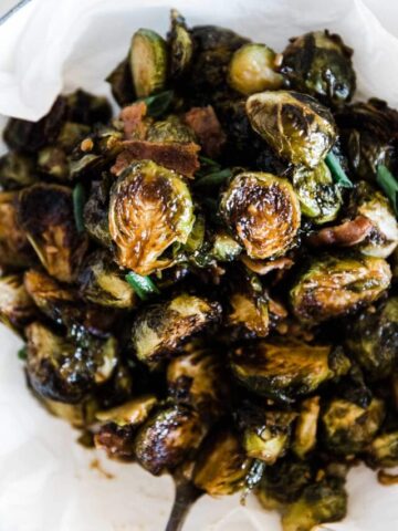 A close up of roasted Brussels sprouts recipe.