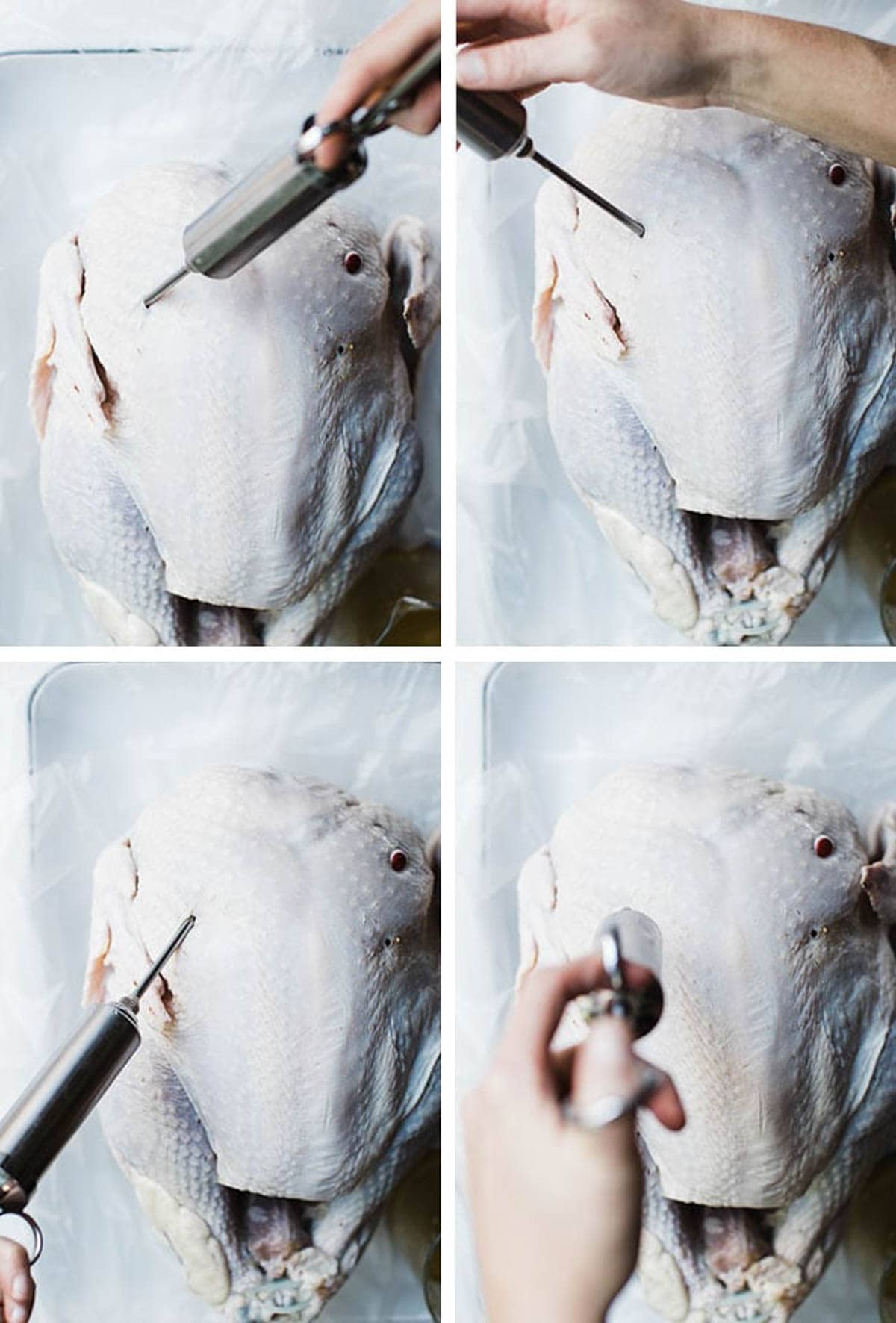 4 images showing how to inject marinade into turkey