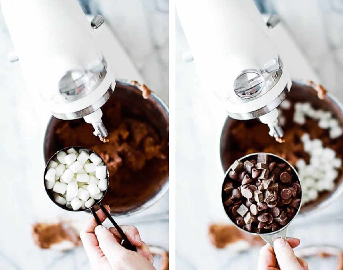 adding chocolate chips and marshmallows to batter
