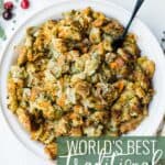 Pin for pinterest graphic with herb stuffing image and text on top.