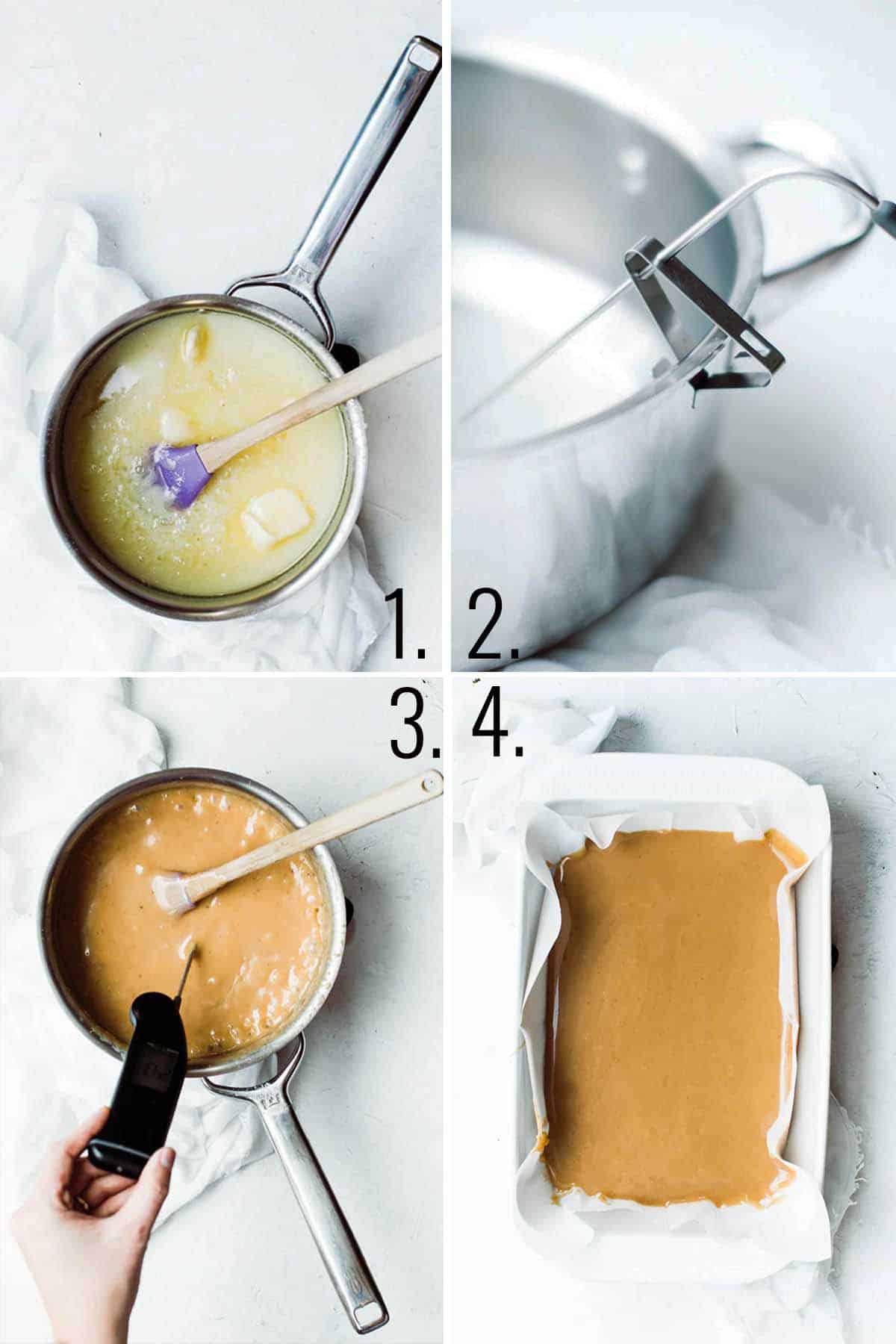 Collage of images showing how to make sea salt caramels.