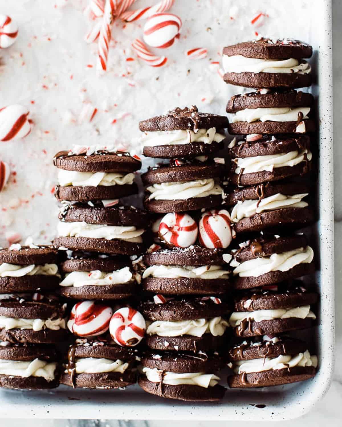 chocolate peppermint cookies lined up on cookie sheet