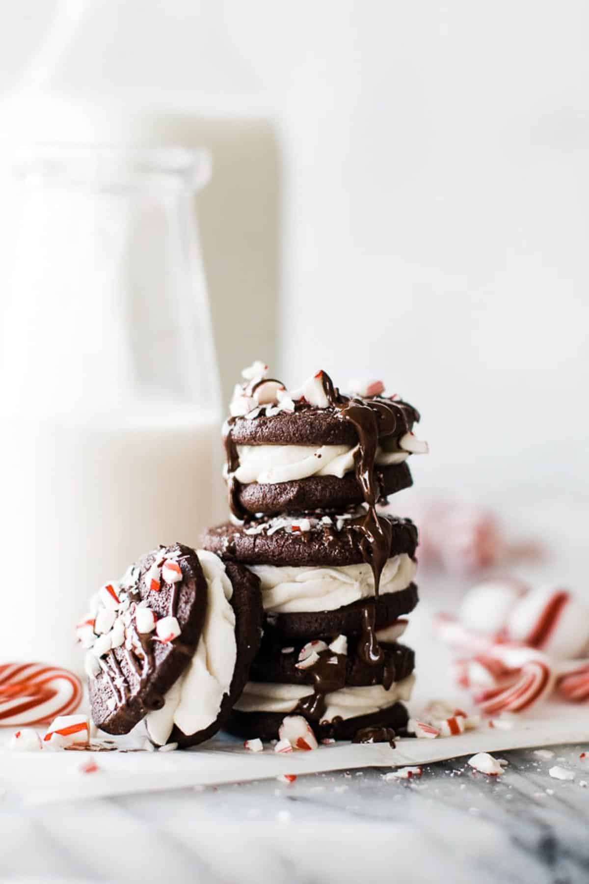 stack of three chocolate peppermint cookies