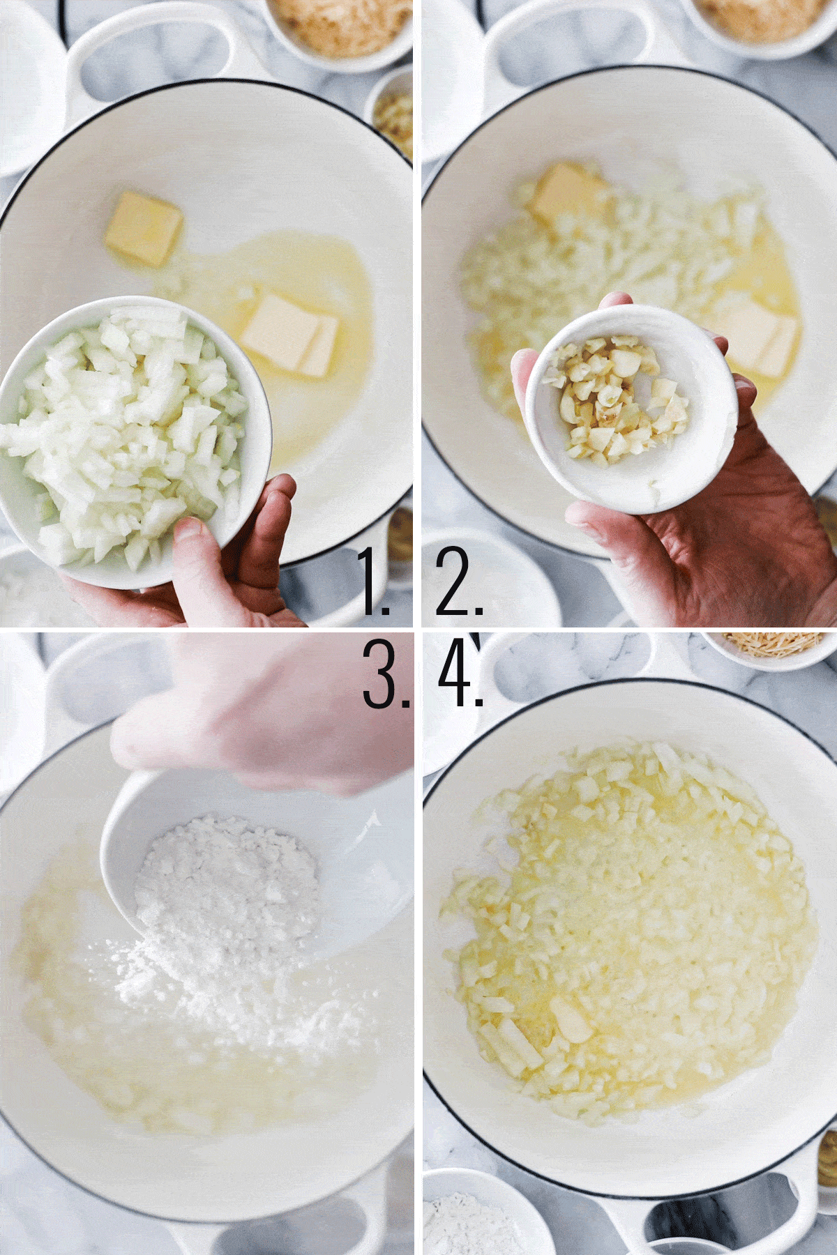 process shots adding butter, onion, garlic, flour into a large white dutch oven
