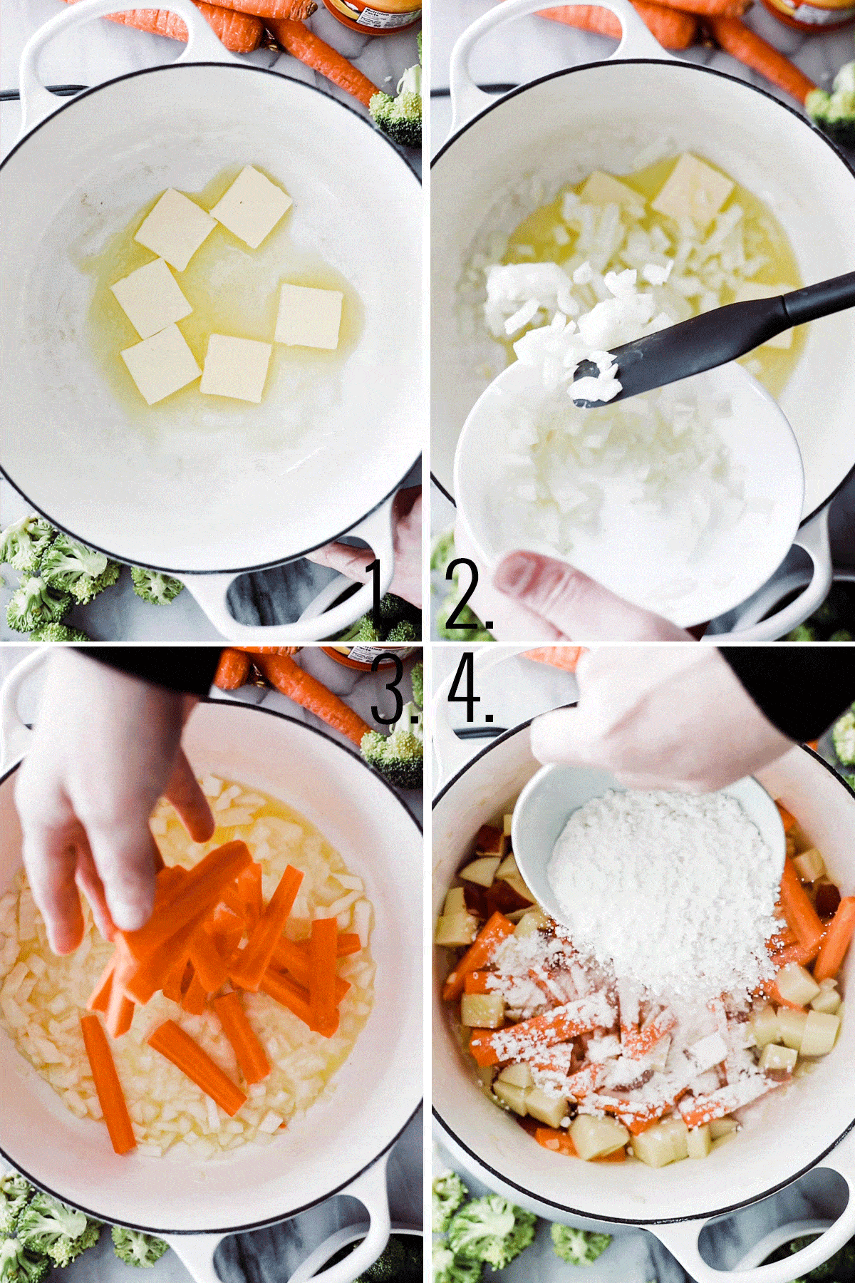 four process shots showing how to start making easy broccoli cheese soup. 
