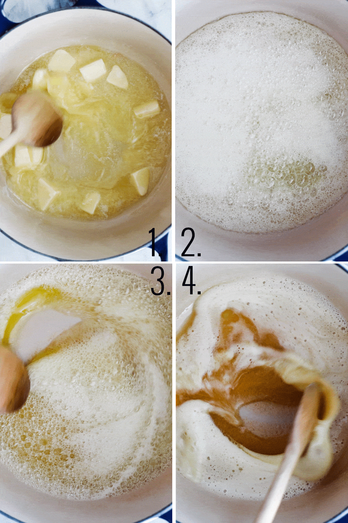 four photos stirring butter in various phases of turning brown. 