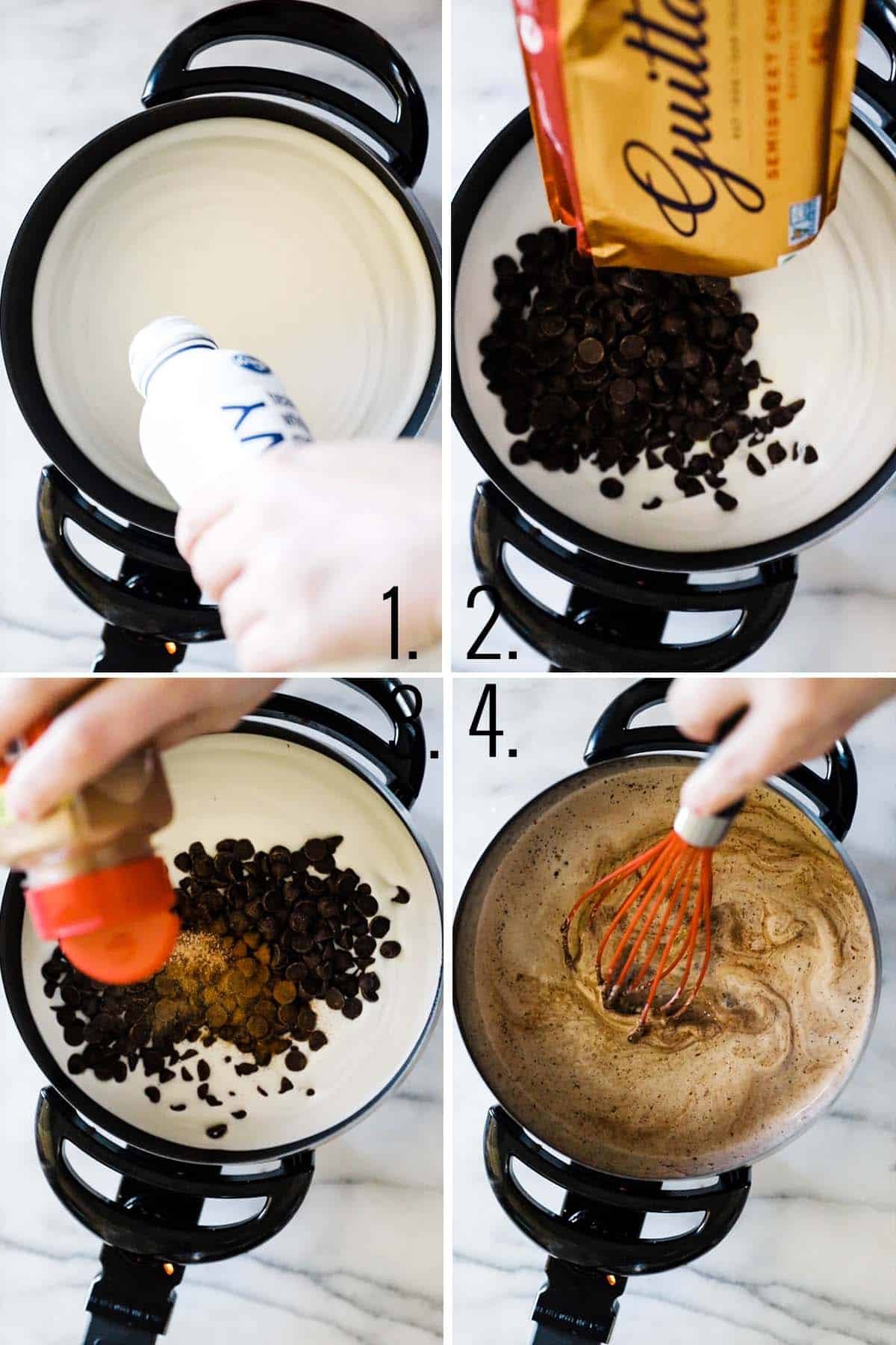 Collage of adding ingredients to pot showing how to make chocolate fondue. 