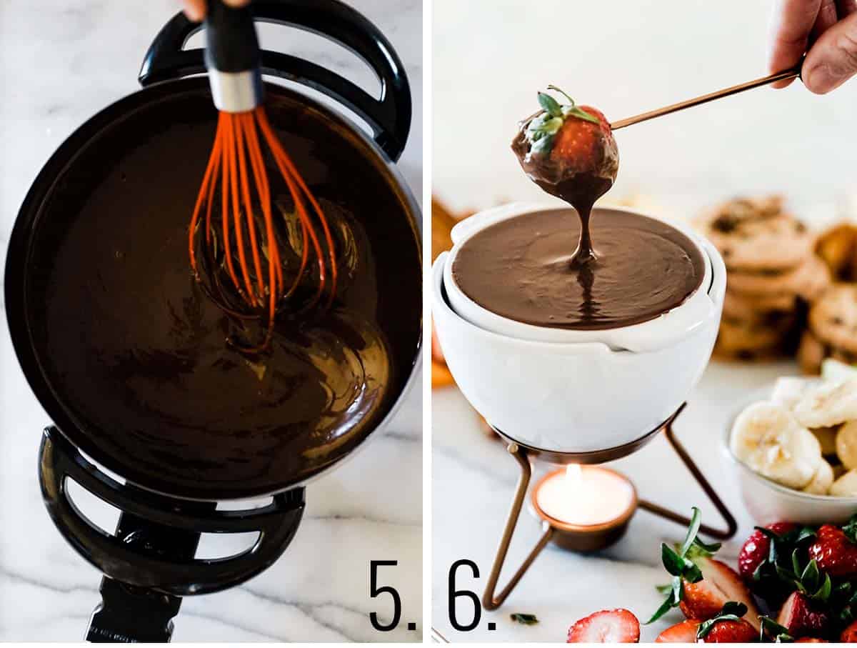 Collage showing melted chocolate in a pot and then served in a fondue pot.