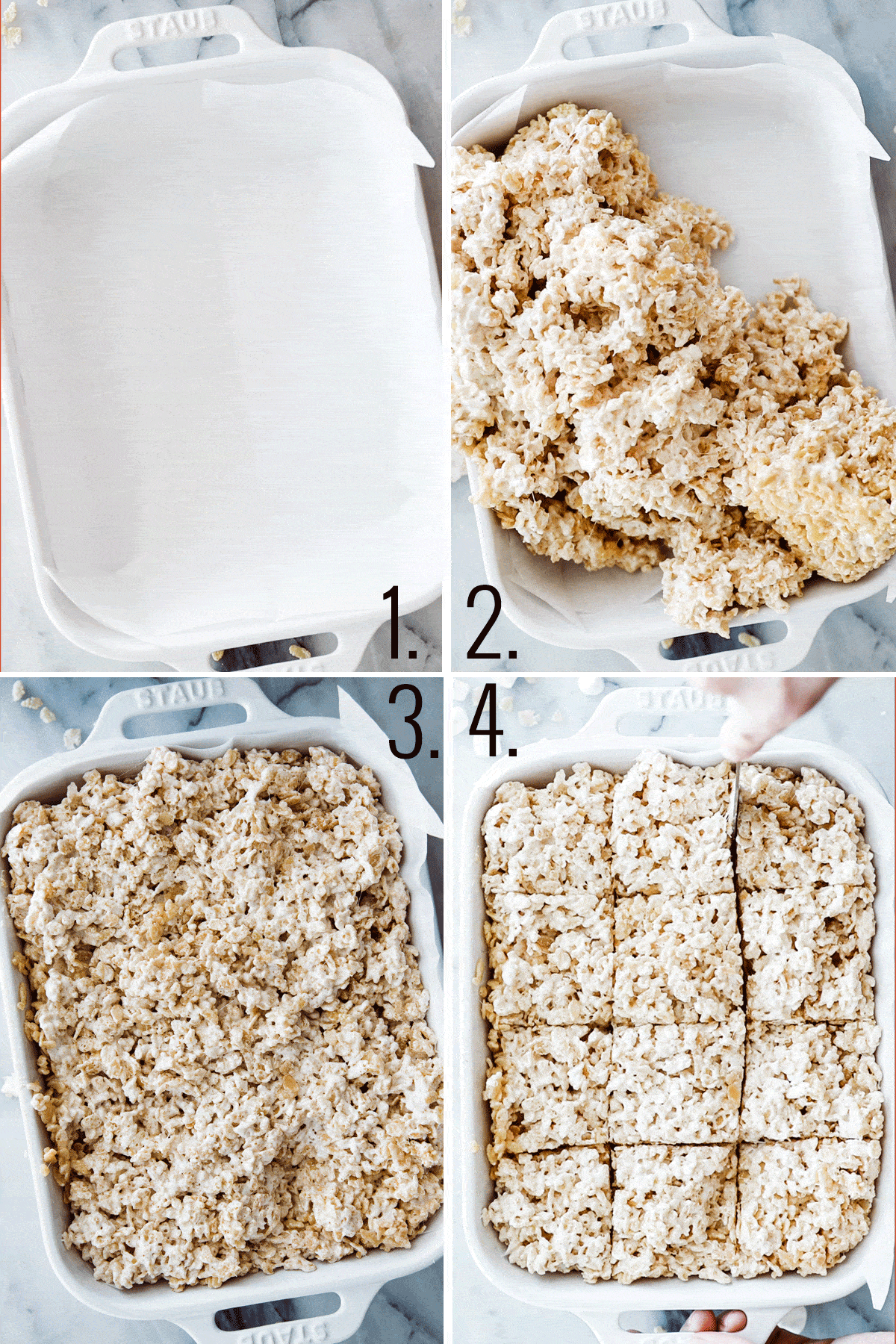 pan with parchment paper adding rice krispies and cutting into squares. 