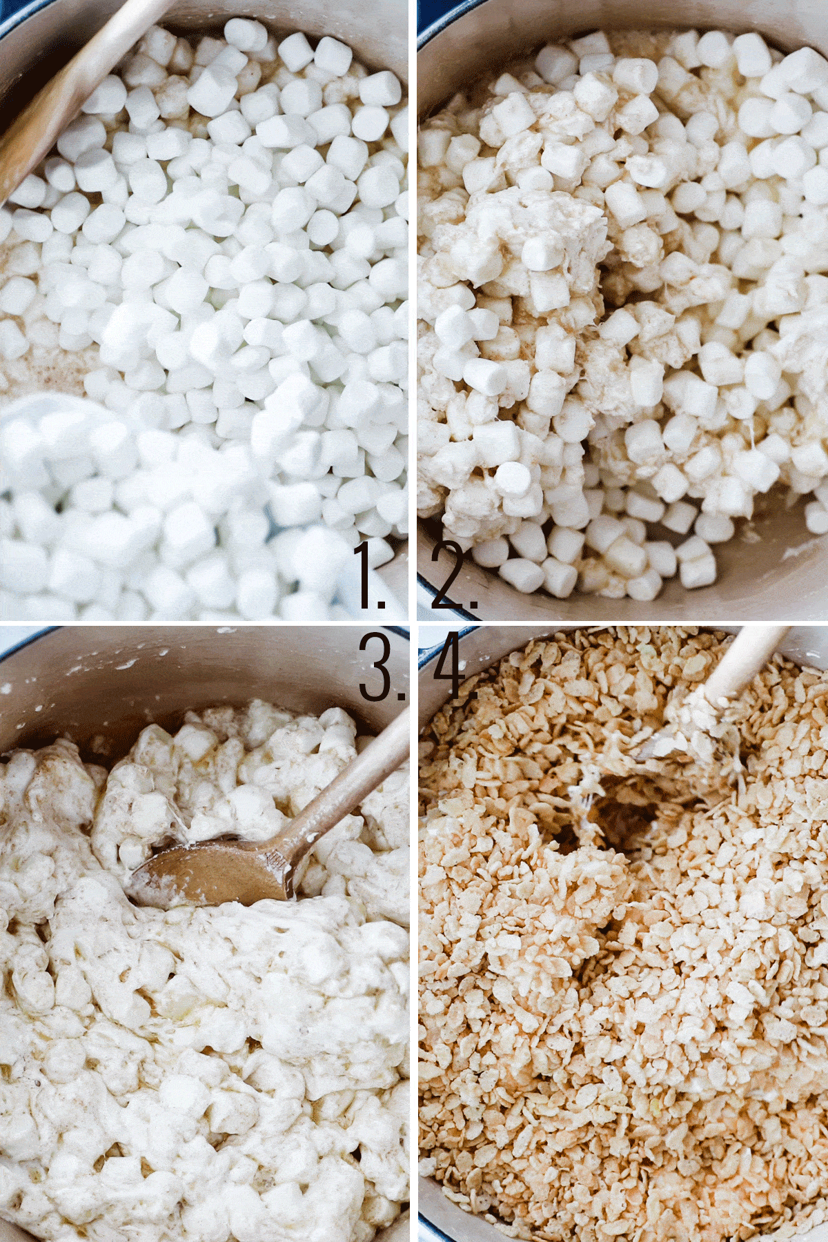 four photos adding marshmallows, stirring and adding Rice Krispies to a large pan. 
