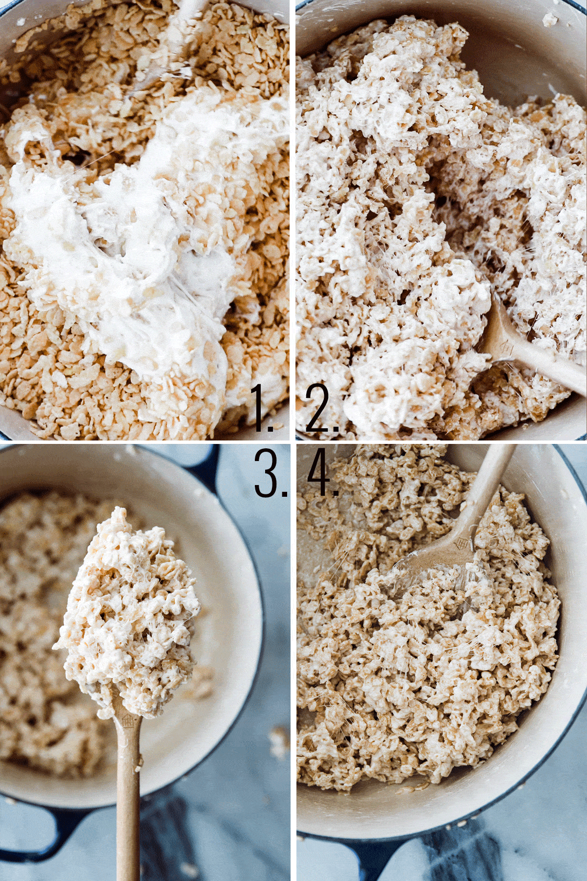 four photos stirring together the butter, marshmallows and Rice Krispies.