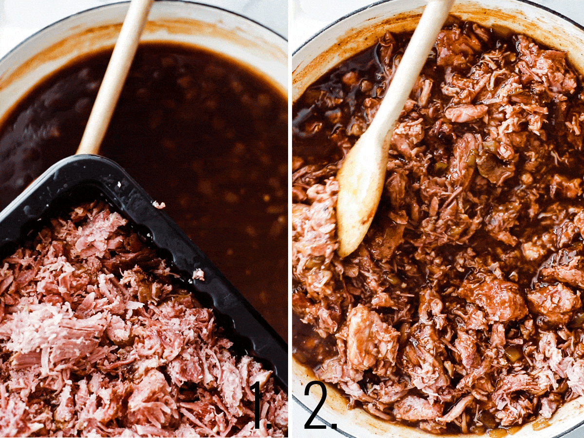 adding pulled pork to the Café Rio sweet pulled pork sauce