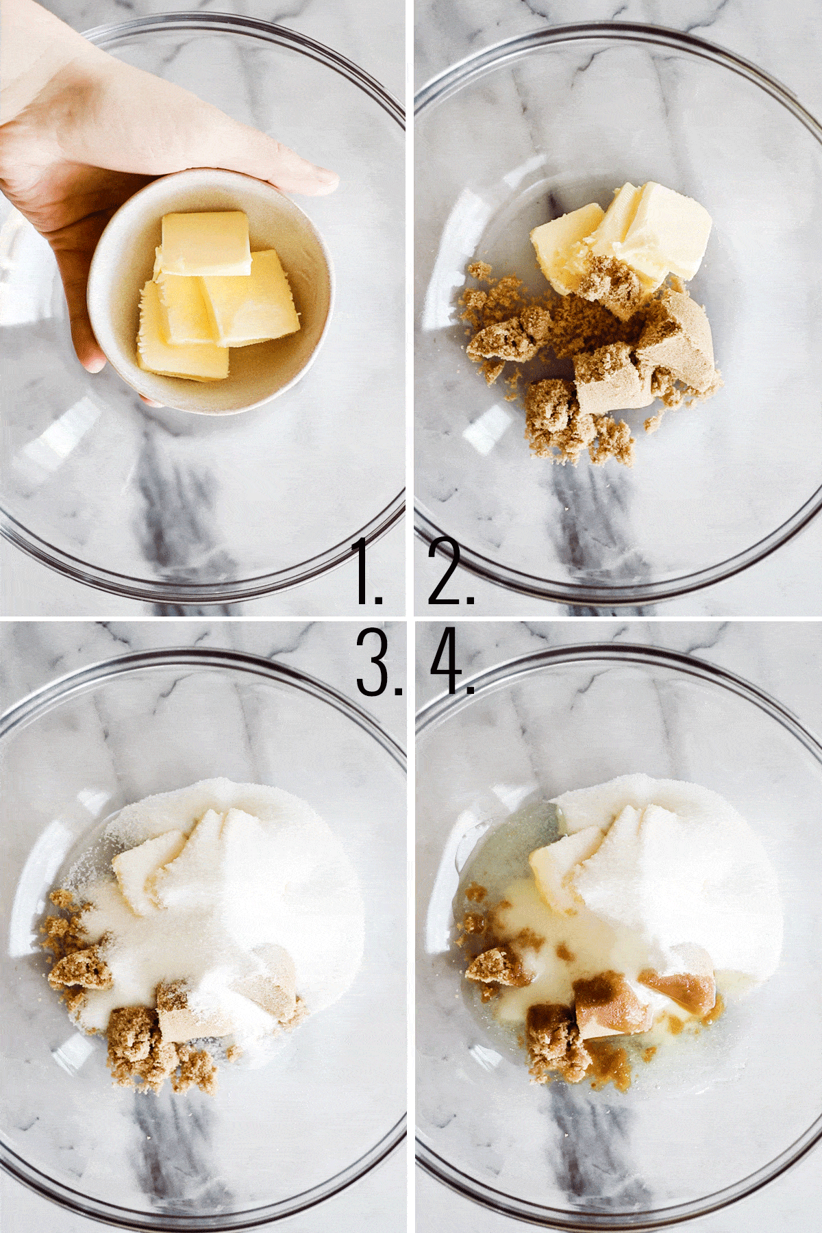 four photos adding butter and sugar to a glass bowl