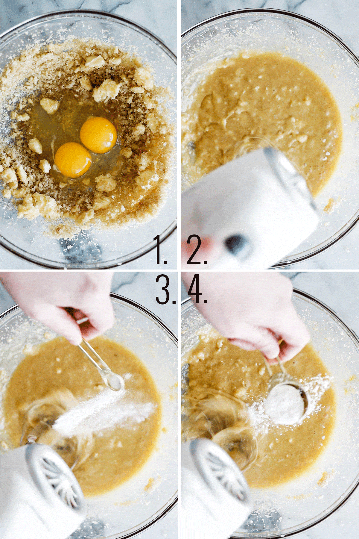 Four photos showing gadding eggs, beating ingredients and adding baking powder 
