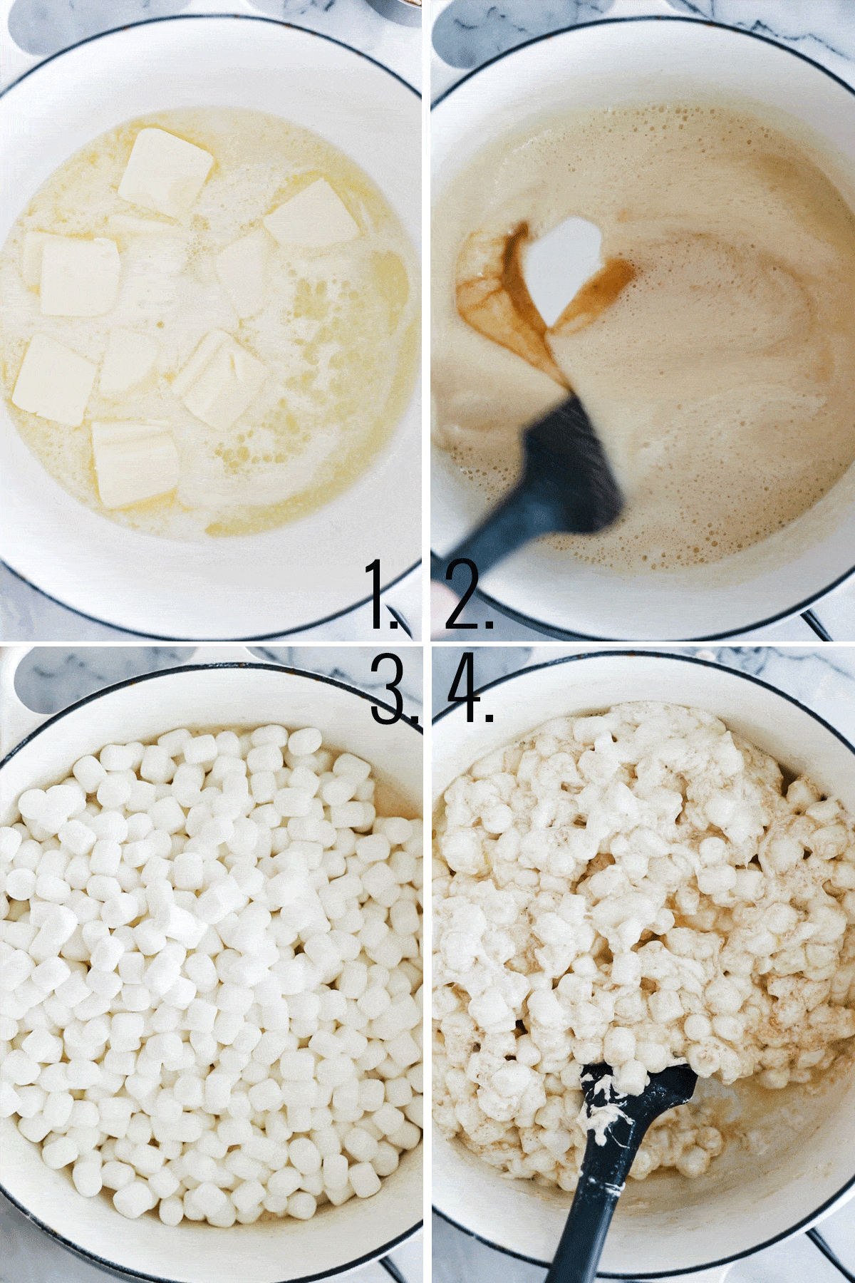 four photos 1. melting butter in a large white pan, showing foaming brown butter, stirring in marshmallows. 