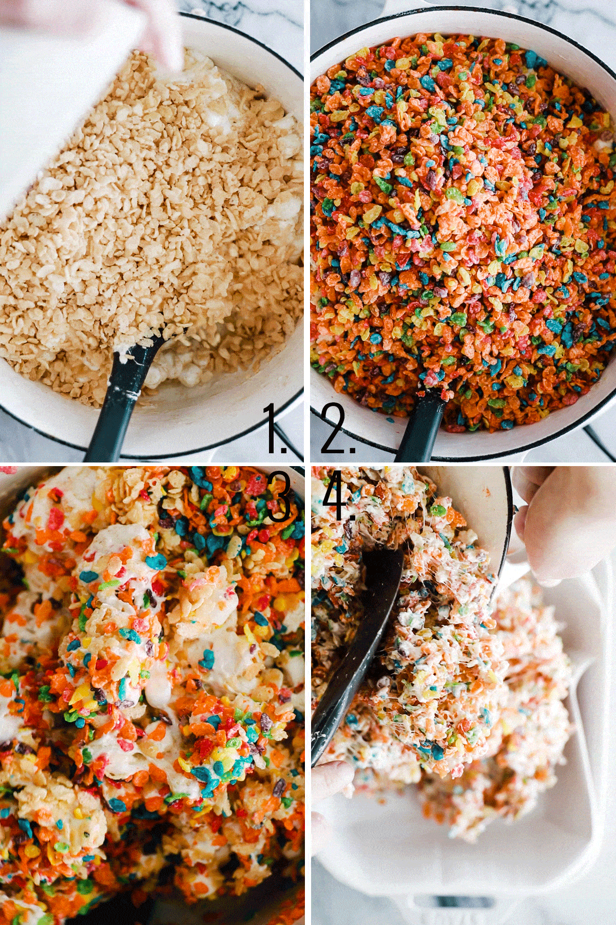 Four photos of steps adding Rice Krispies, fruity pebbles and stirring together in marshmallow mixture. 