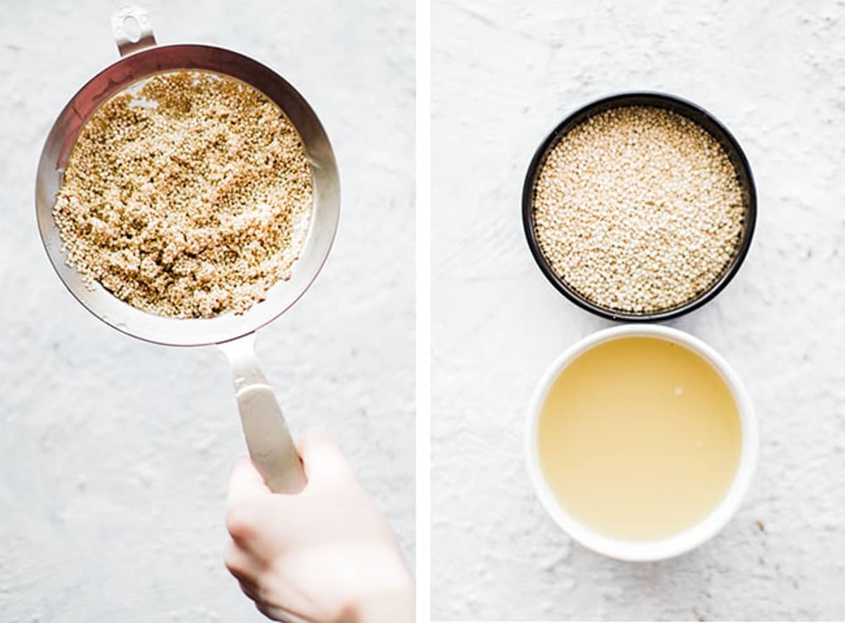 two photos. one straining the quinoa, the second with quinoa and broth. 