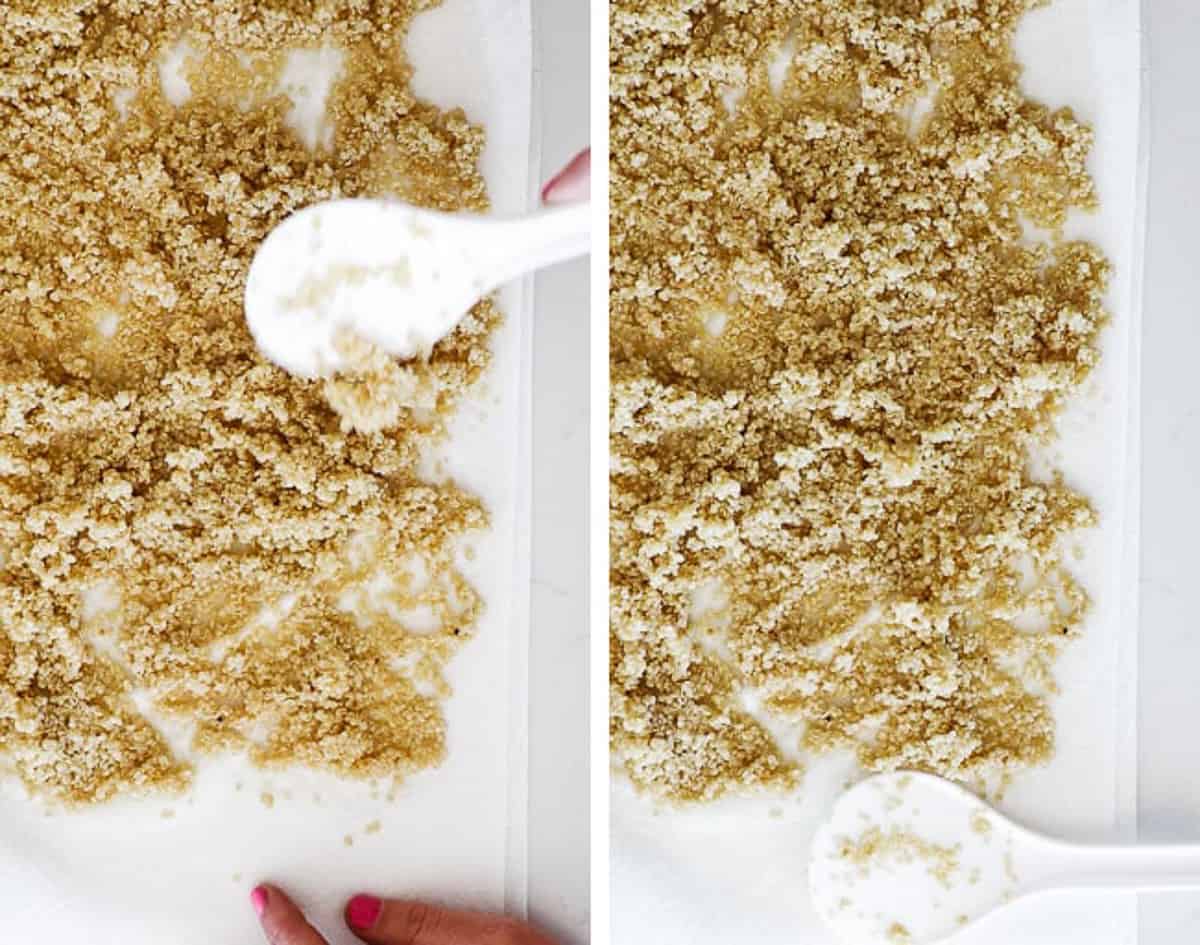 laying quinoa on a white paper towel. 