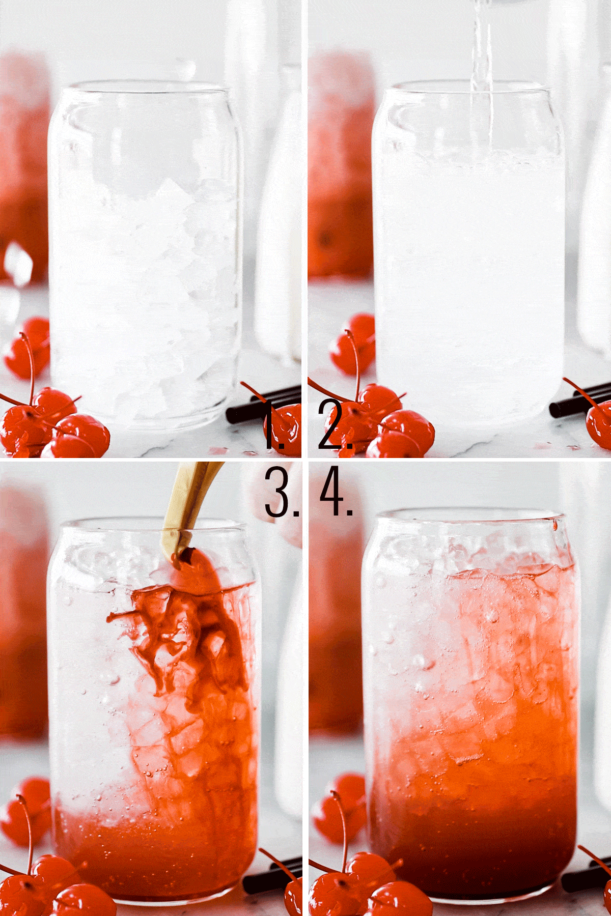 four photos of cups ice, soda water and red torani syrup added to cup. 