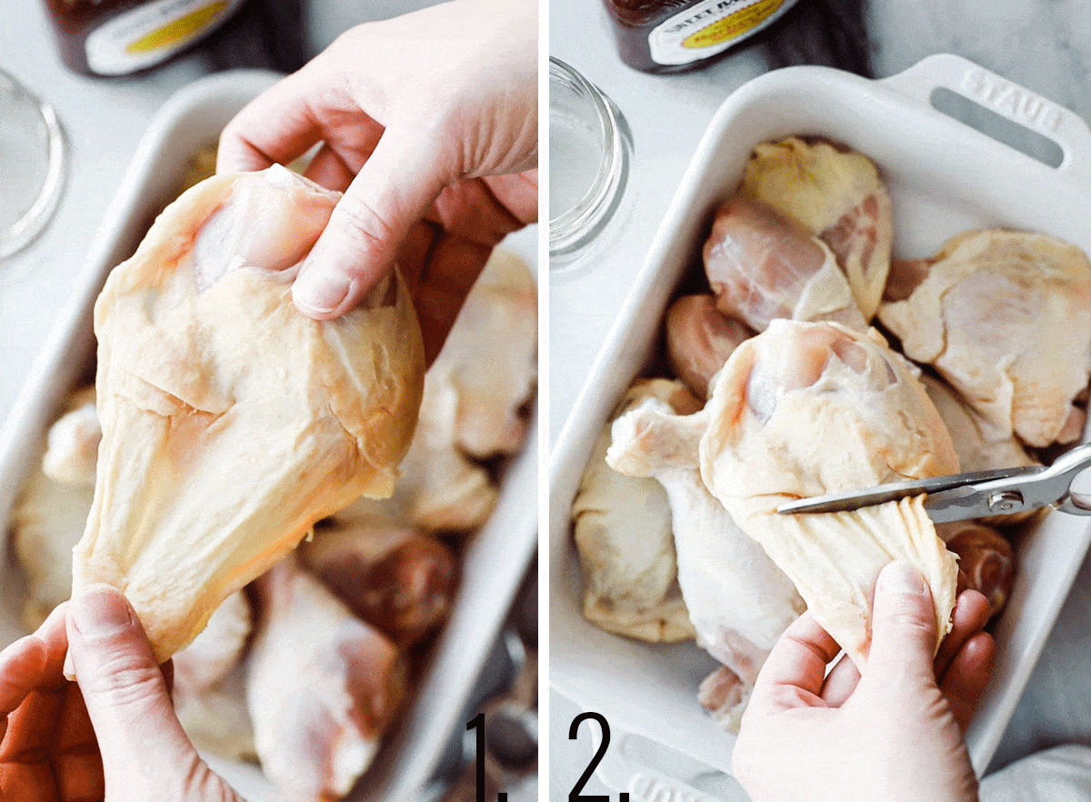 two photos of extra skin on chicken thigh and trimming off skin,. 