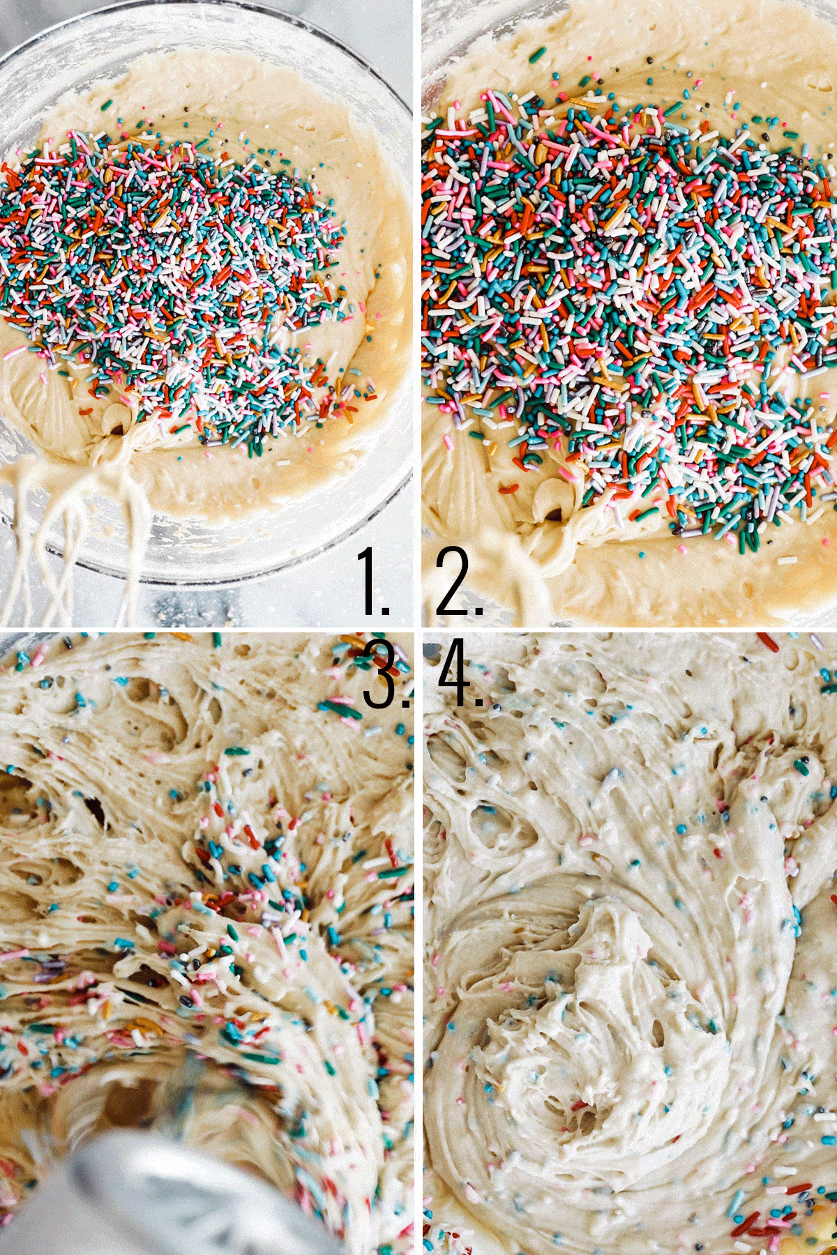 stirring in sprinkles and mixing batter
