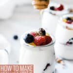 Pressure cooker yogurt recipe in a glass jar being drizzled with honey.