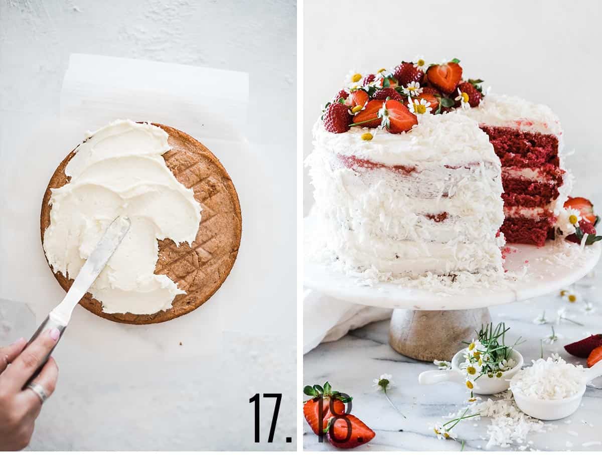 How to frost a strawberry coconut cake.