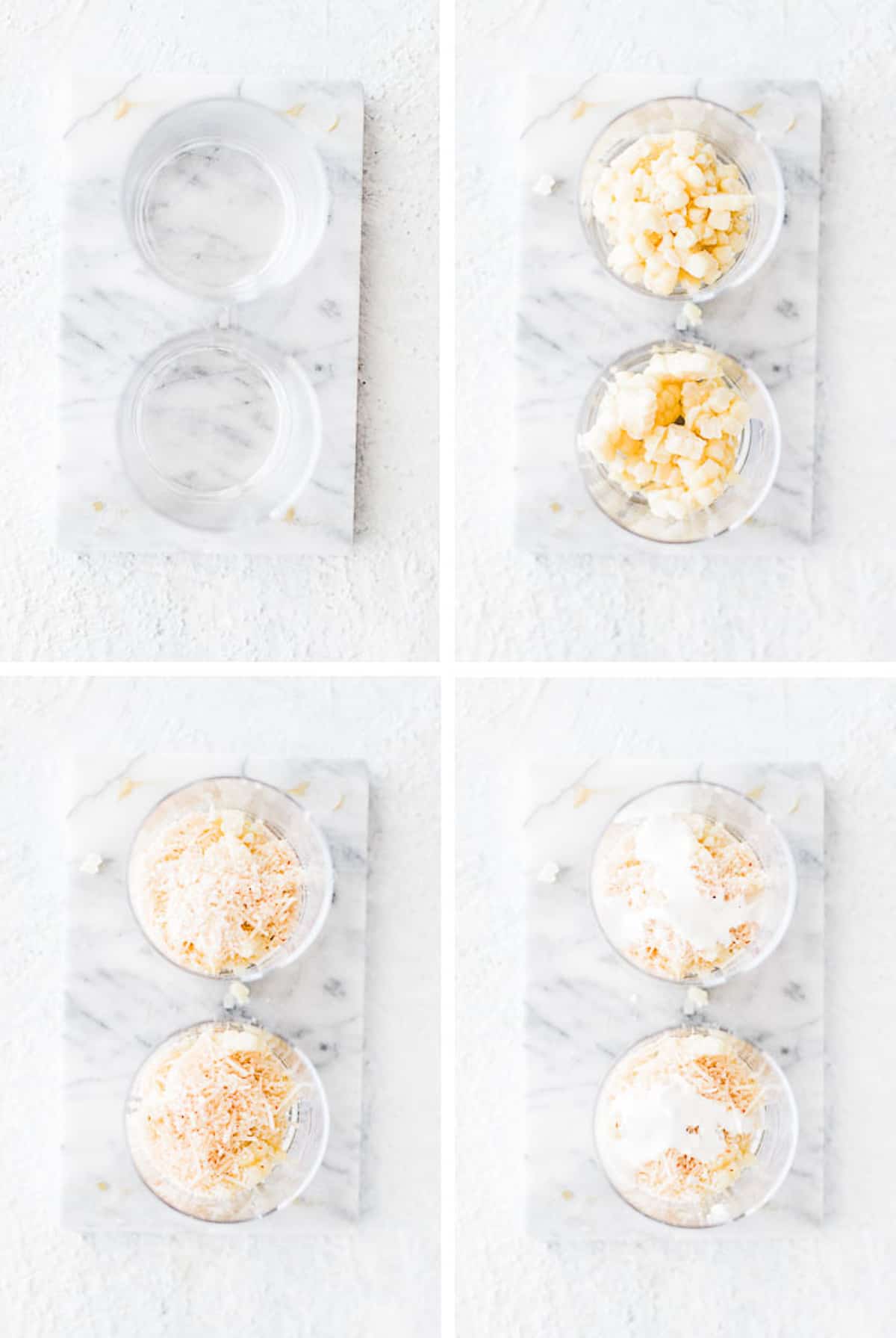 four photos showing corn, cheeses, and crema being layered in cups. 
