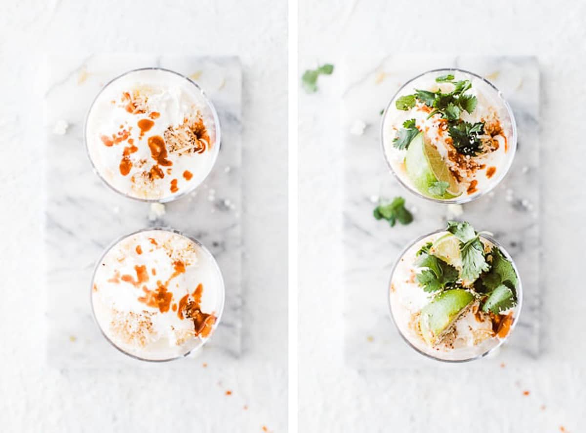 crema and hot sauce, limes and cilantro in cup
