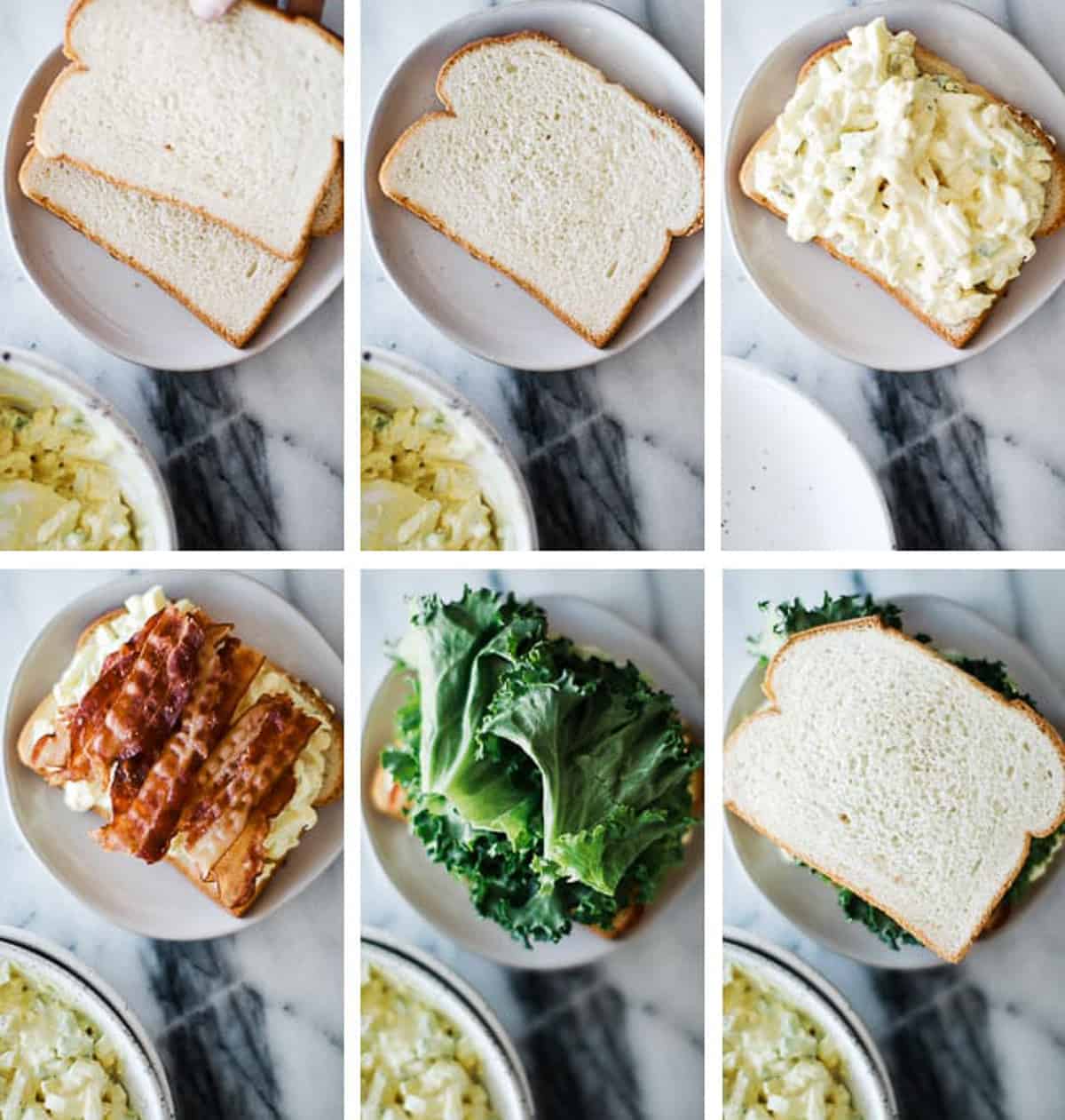 bread, egg salad, bacon and lettuce in several photos being added to sandwich