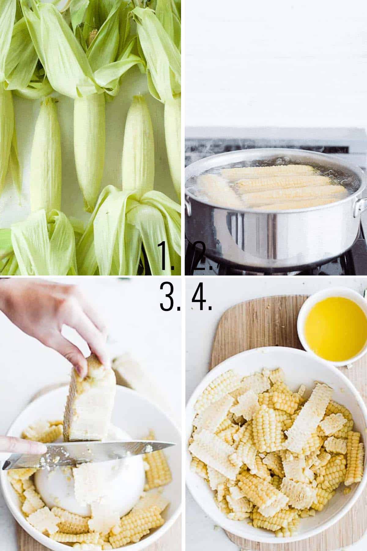 A collage showing the corn in husks, cooking on the stove, trimming the corn, and mixing with butter.