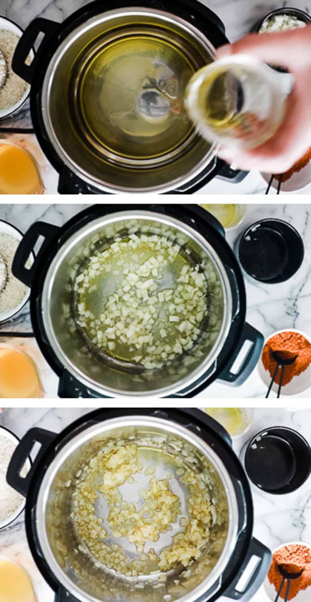 three step by step photos showing adding oil, onion and cooking onion on saute setting in instant pot