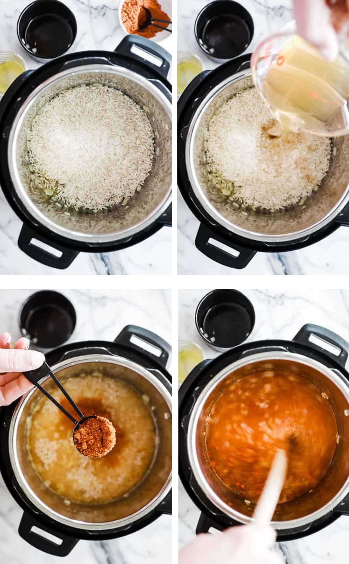 showing how to add ingredients to instant pot of Mexican rice