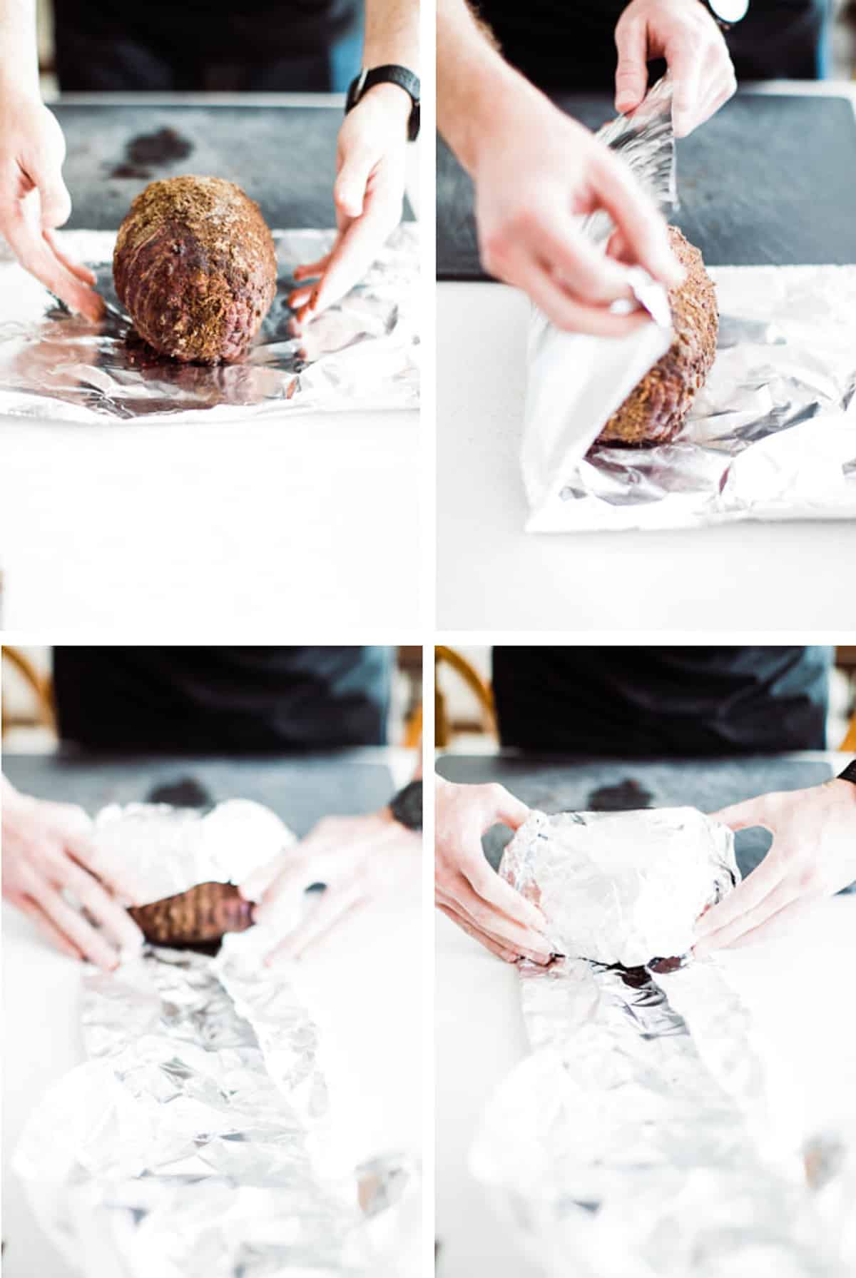 Collage of images showing wrapping lamb in foil to allow to rest.