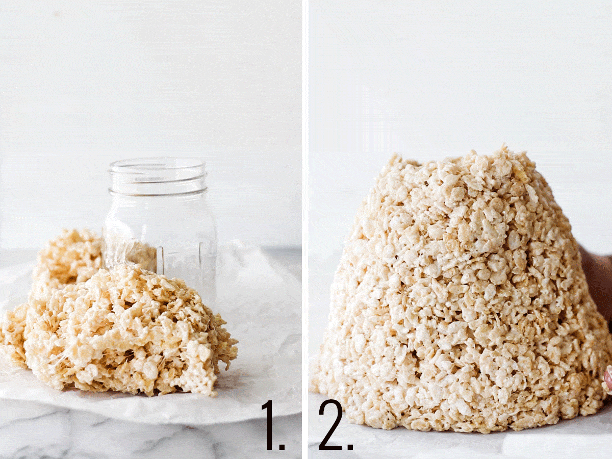 building a Rice Krispie treat volcano around a glass jar
